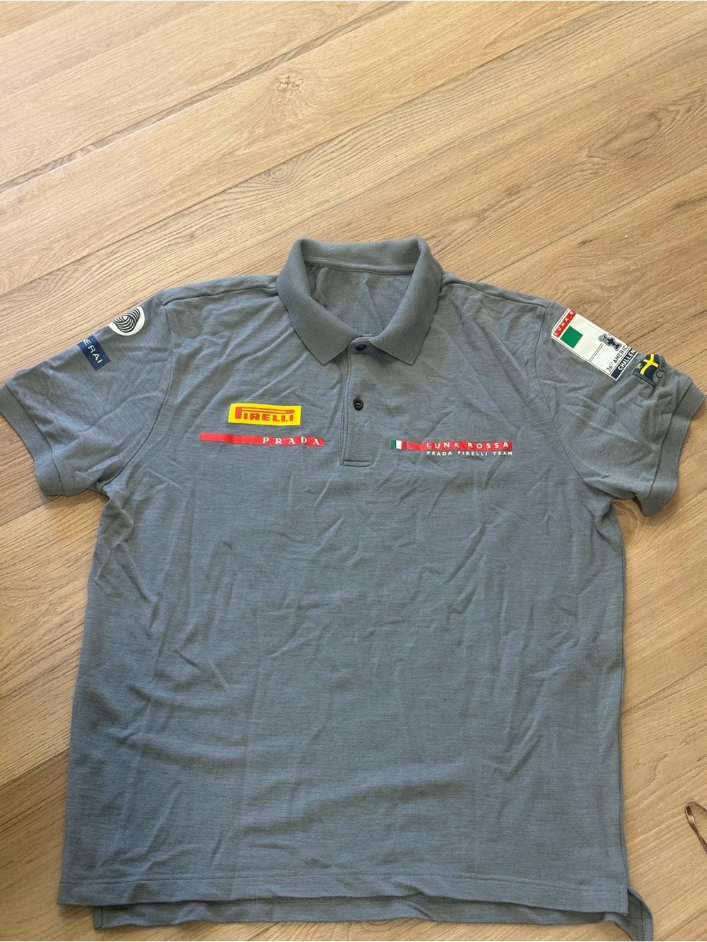 Authentic Prada Gray Polo Shirt with Red and Yellow Logos size medium